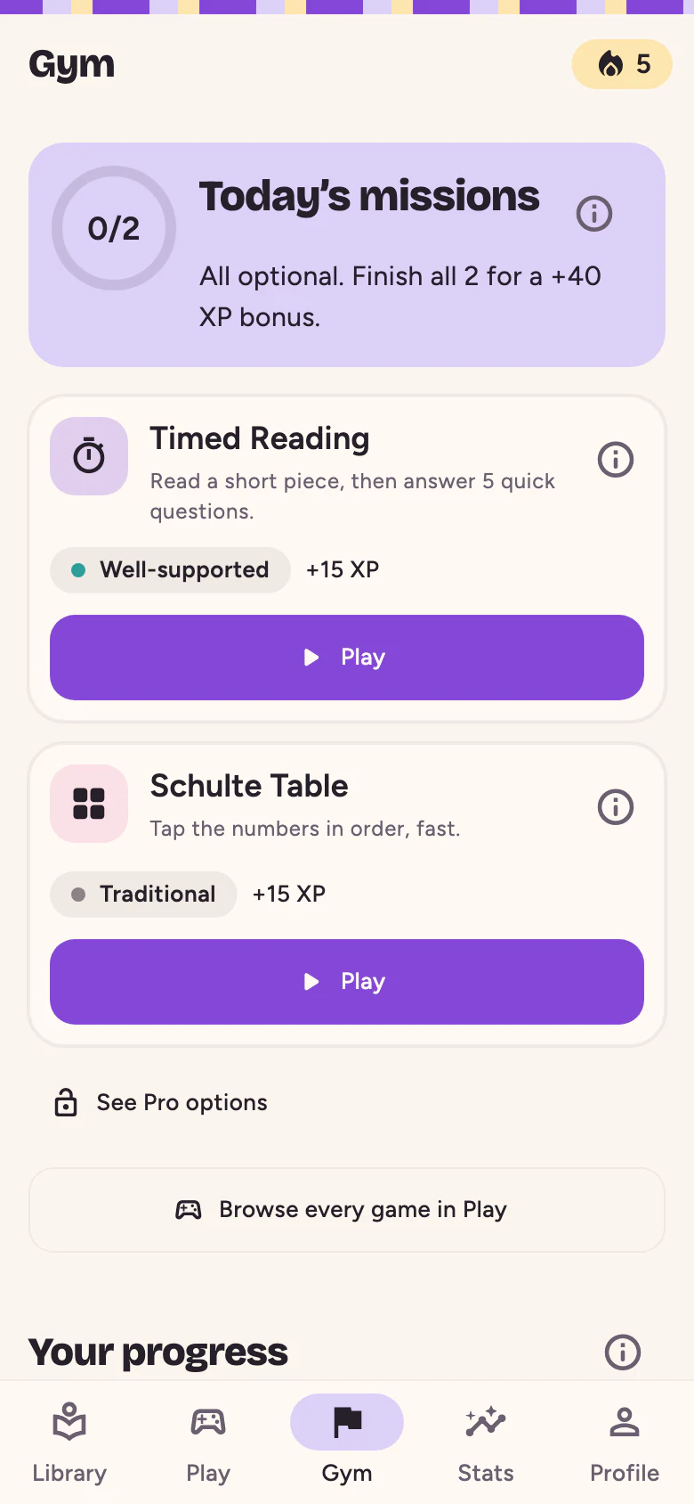 The Gym tab: Today's missions, marked all optional, with a Timed Reading mission and a Schulte Table mission, each showing its evidence tag and XP reward.