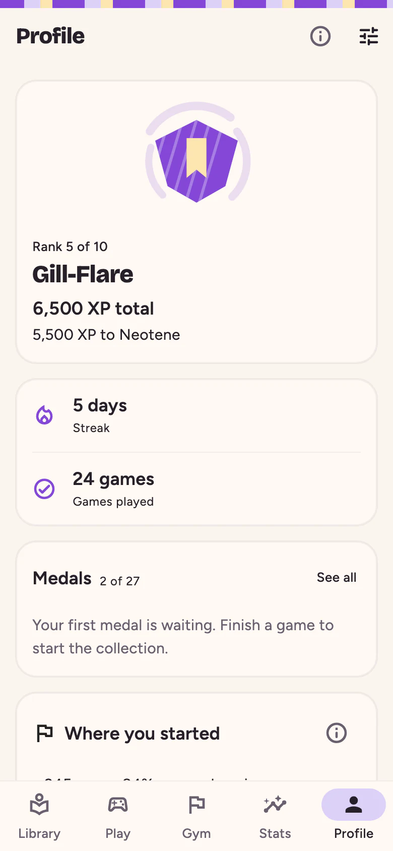 The Profile tab with a rank badge for Gill-Flare, rank 5 of 10, a five-day streak, games played and the medal shelf.