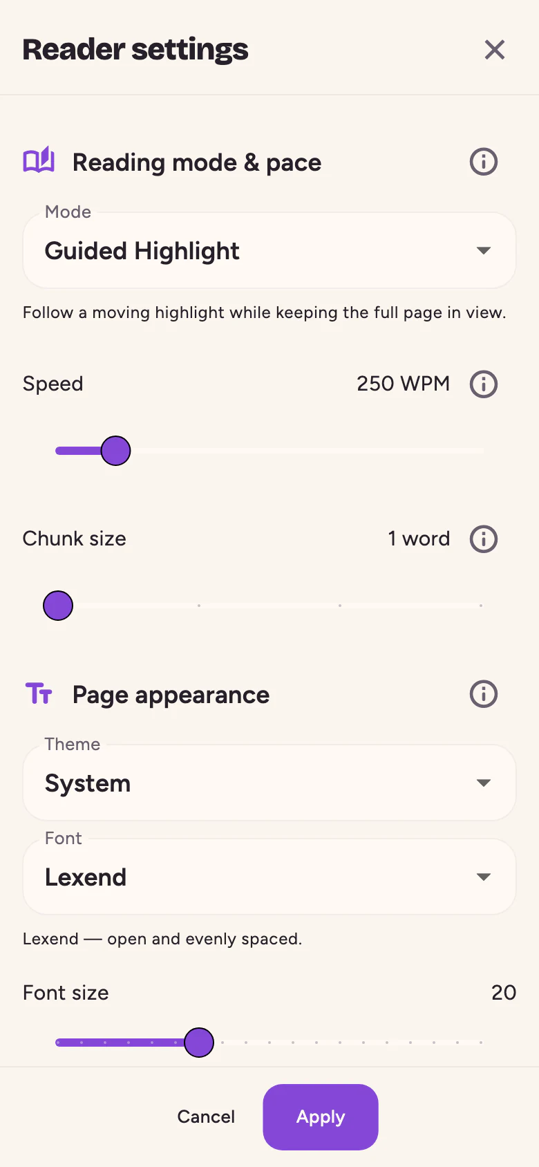 Reader settings with Guided Highlight selected, a speed slider at 250 words per minute, a chunk size slider, and the theme, font and font size options.