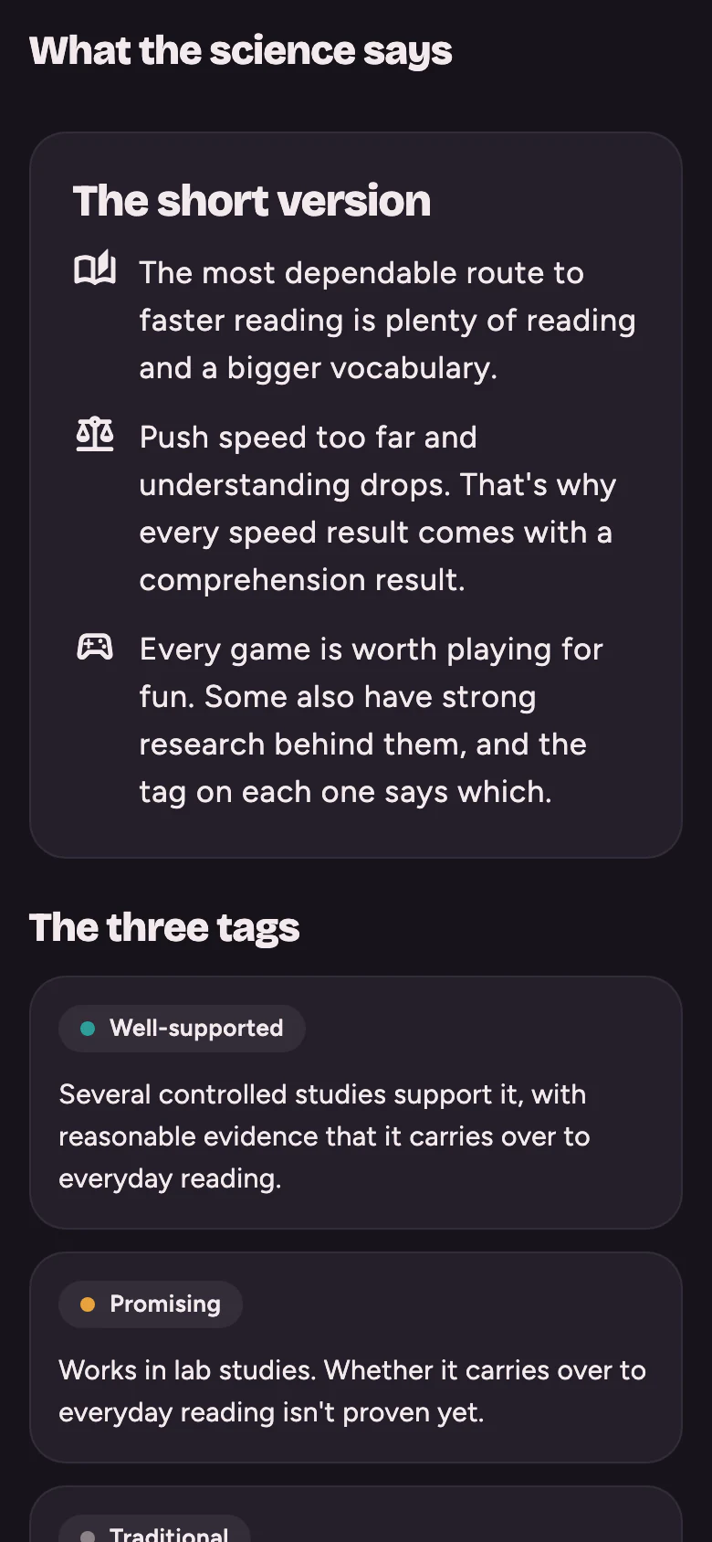 The What the science says screen in the Deep theme, opening with The short version and The three tags.